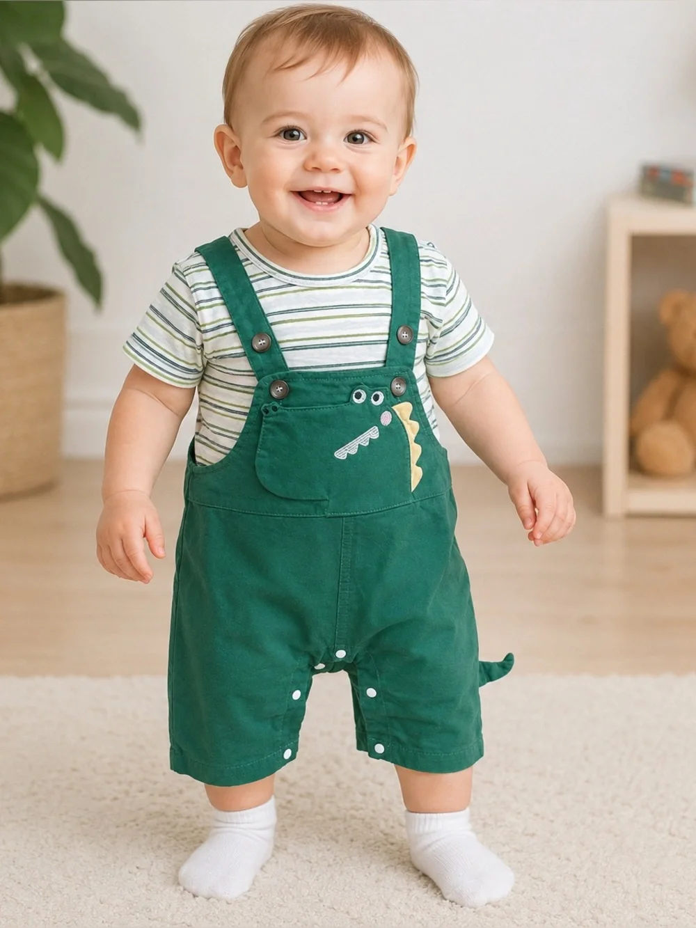 NWT Adorable Toddler Dinosaur Shortall Outfit – 2 Piece Set